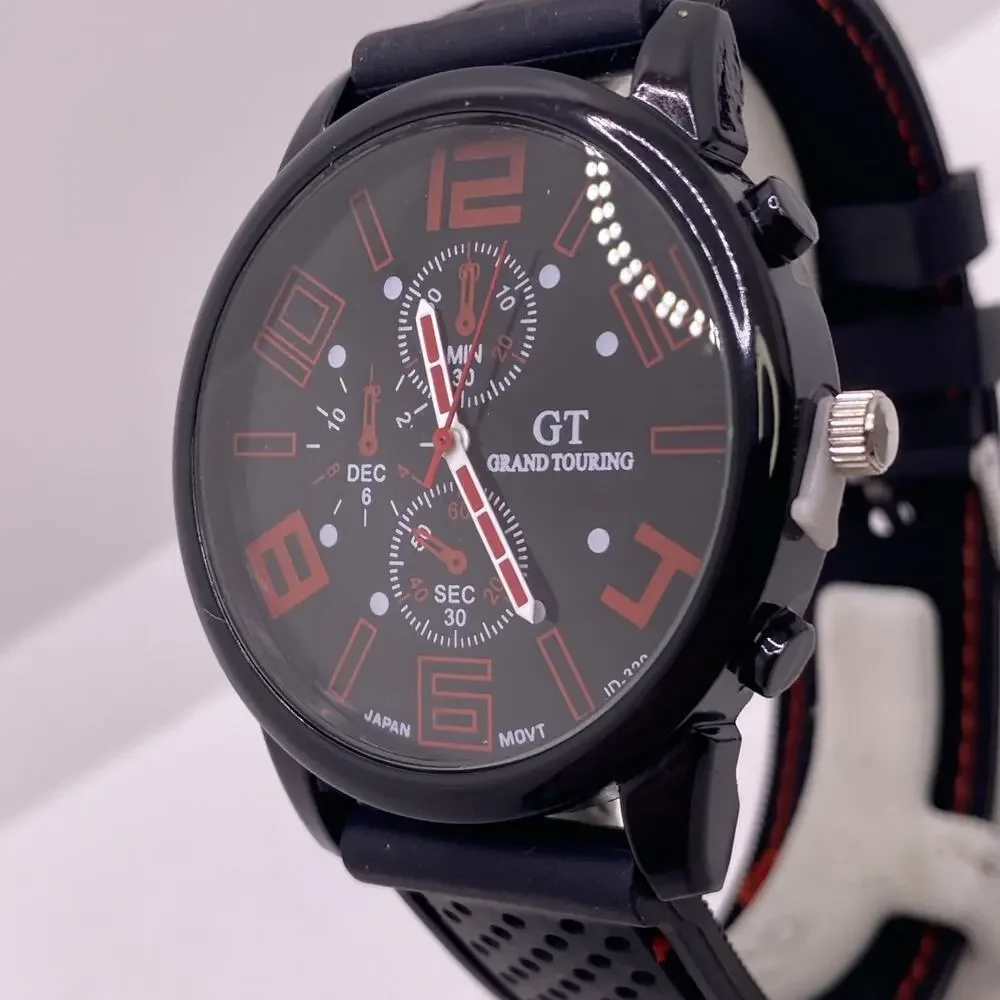 GT Mens Racing Style Rugged Rubber Black Red Watch New Battery